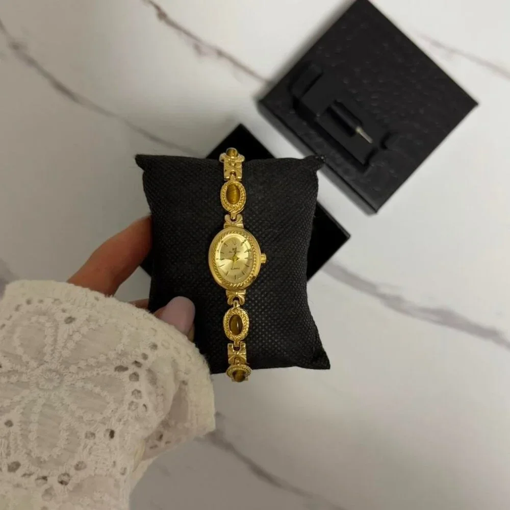 Sku0461‎ gold mini watch bracelet with brown natural stone inserts vintage style